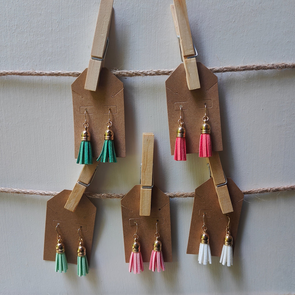 Set of earrings with colorful tassels hanging on wooden pegs against a light background